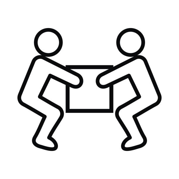 warning sign, handling heavy loads, epw. warning sign, handling heavy loads, vector icon, line, conceptual icon two person lift stock illustrations