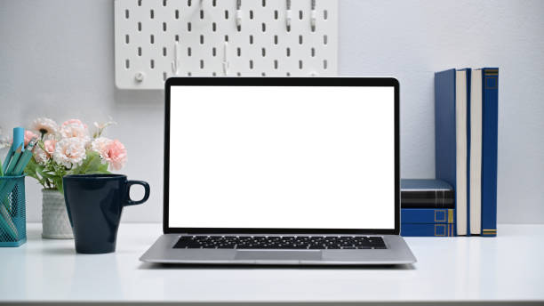 istock Front view of computer laptop with empty screen, books, coffee cup and plant on white office desk. 1301887254