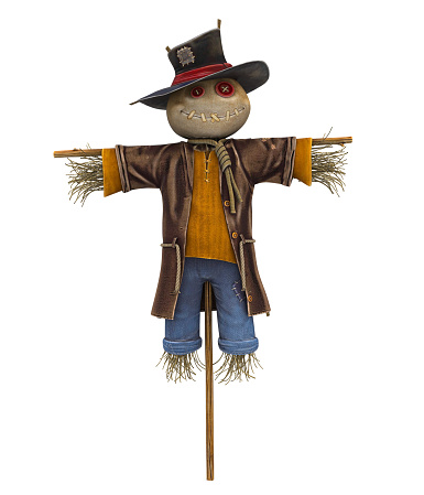 A jack o'lantern sits on top of a scarecrow in front of an orange grunge background.
