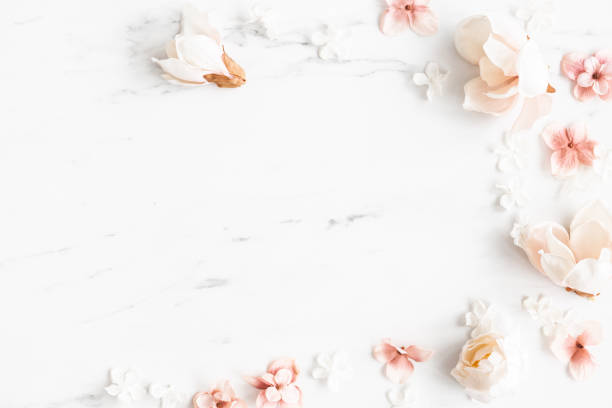 istock Flowers composition. White and pink flowers on marble background. Flat lay, top view 1301889767