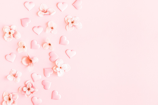 Valentines Day Background Pink Flowers Hearts On Pastel Pink Background  Valentines Day Concept Flat Lay Top View Copy Space Stock Photo - Download  Image Now - iStock