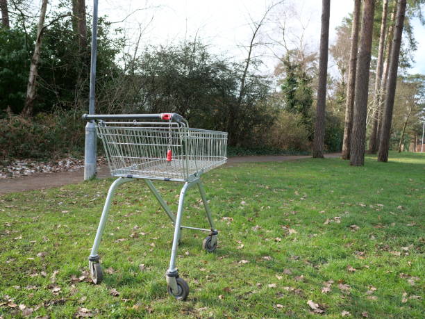 istock Empty shopping cart abandoned in a park 1301892365