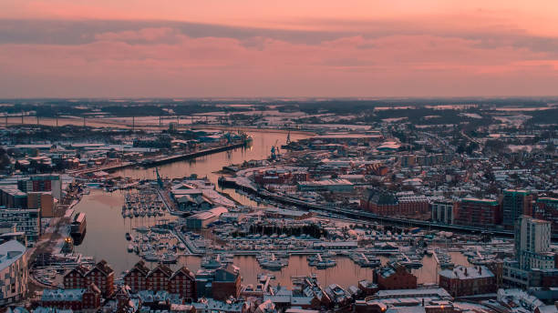 An aerial photo of in Ipswich, Suffolk, UK at sunset stock photo