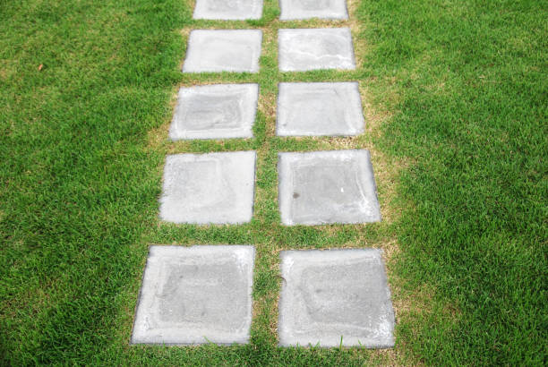 Abstract green grass field and brick floor of footpath texture background