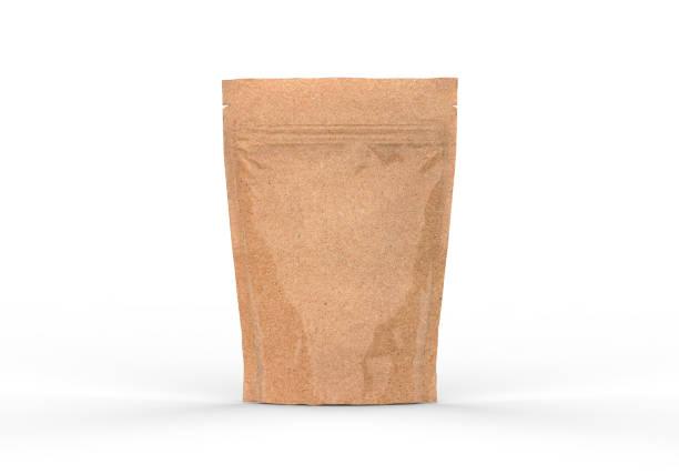 kraft paper pouch mockup for tea, coffee, pulses, beans, cereals and corn flakes. blank craft doy-pack mock up on isolated white background, 3d illustration - bag coffee bean bean food imagens e fotografias de stock