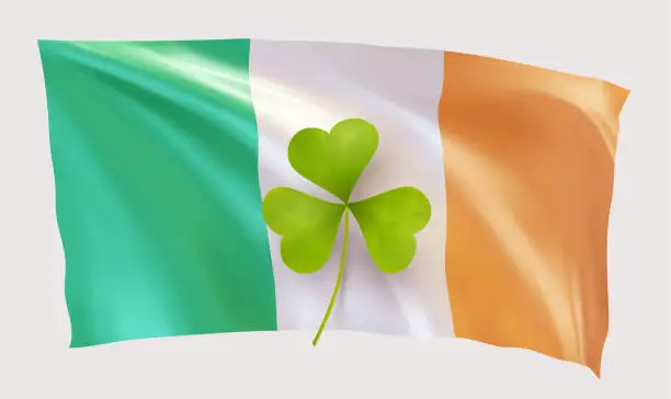 Vector illustration of Irish flag on holiday St Patrick day with green shamrock clover. Realistic design elements. Pattern St Patrick's day consisting of shamrock clover in colored Irish flag. Vector illustration.