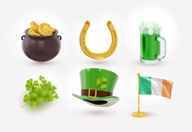 Irish holiday St Patrick day, gold coins in pot. Set of Irish St Patrick's day consisting of pot of gold coins, green hat, flag, horseshoe. Realistic design elements. Vector illustration. Irish holiday St Patrick day, gold coins in pot. Set of Irish St Patrick's day consisting of pot of gold coins, green hat, flag, horseshoe. Realistic design elements. Vector illustration. headwear stock illustrations