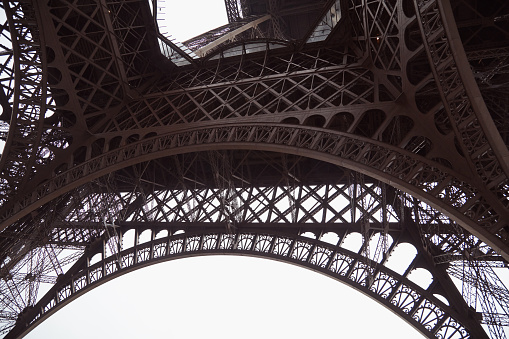 Eiffel tower detail of iron construction, Paris France.