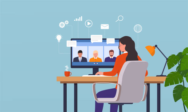 ilustrações de stock, clip art, desenhos animados e ícones de work from home woman having a video conference with his colleagues. online people work together. remote teamwork concept. - work from home
