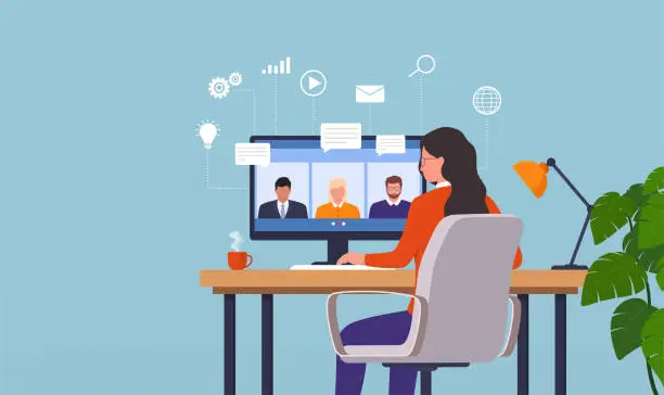 Vector illustration of Work from home woman having a video conference with his colleagues. Online people work together. Remote teamwork concept.