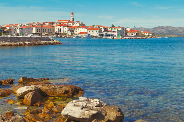 panoramic view over water on historic town of Sibenik in Croatia