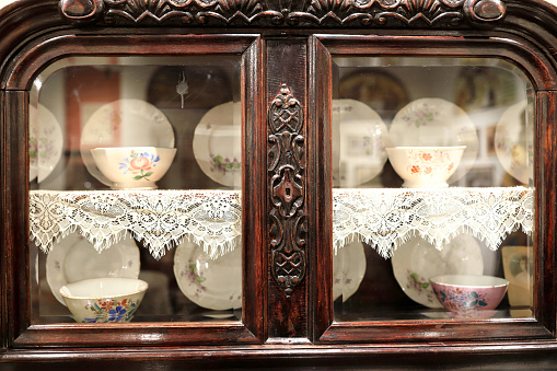 View of vintage kitchen cupboard in cafe