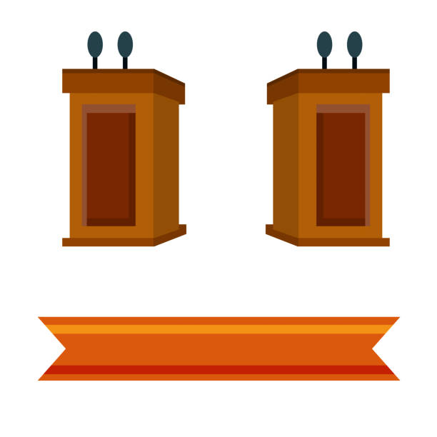 istock Podium for debate. Political tribune and rostrum. Election symbol with microphone. Dialogue and discussion. Flat cartoon illustration. Blank ribbon for text 1301905022