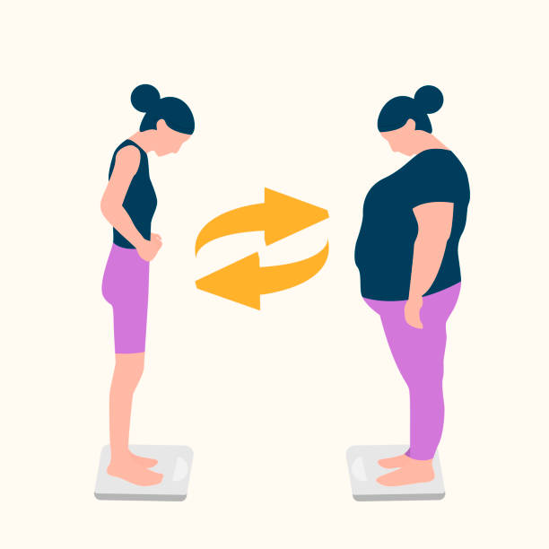 ilustrações de stock, clip art, desenhos animados e ícones de body positive woman. vector illustration of a thin and fat woman. girls stand on the scales. illustration for social media, poster, web and app. eps 10 - anorexia