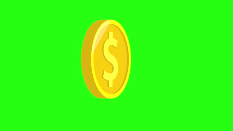 Animated spinning gold coin on green screen.