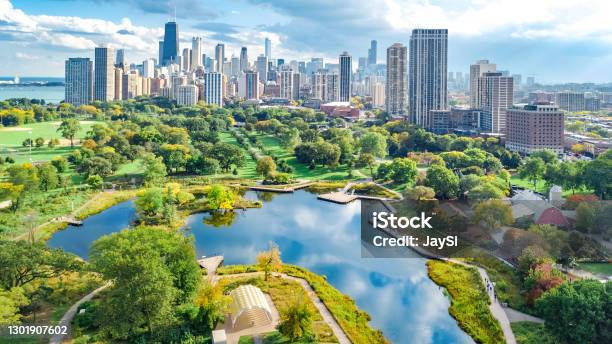 Chicago Skyline Aerial Drone View From Above Lake Michigan And City Of Chicago Downtown Skyscrapers Cityscape Birds View From Park Illinois Usa Stock Photo - Download Image Now