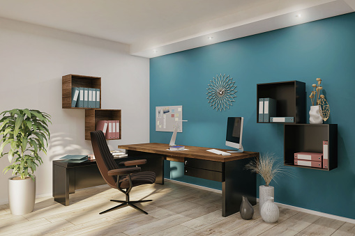 Workplace with  on desk and bookcase in modern room - Render image