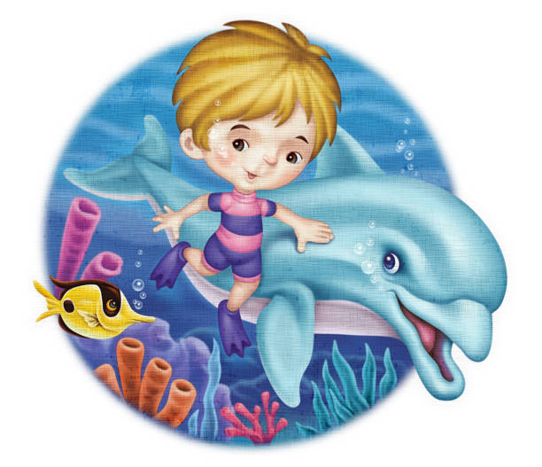 digital painting / raster illustration of little boy meeting dolphin