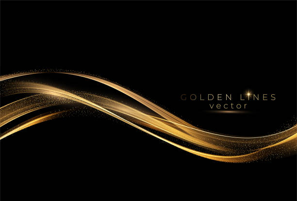 Abstract shiny color gold wave design element Abstract shiny color gold wave design element on dark background. Fashion flow lines for voucher, website and advertising. Golden silk ribbon for cosmetic gift voucher ribbon flow stock illustrations