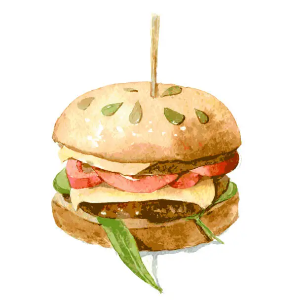 Vector illustration of Delicious Burger with cheese, tomato and lettuce on a bun with pumpkin seeds. Watercolor illustration isolated on white background. Vector