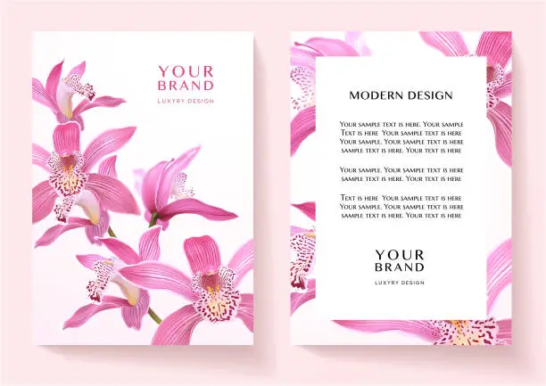Vector illustration of Tropical cover and frame page design set with asian orchid flower bouquet
