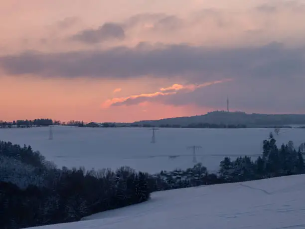 View of the Kuhberg in the wintry Vogtland