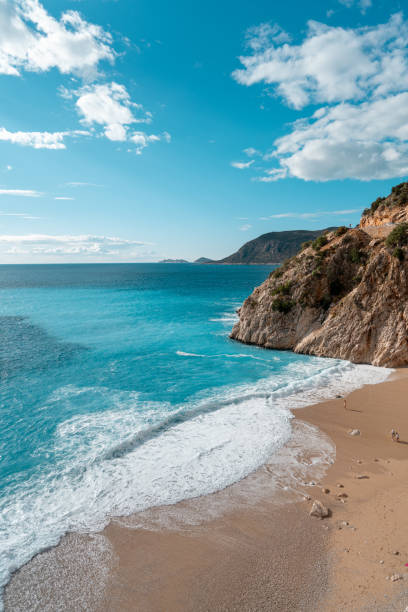 Kaputas beach clifftop View High angle clifftop view turquoise water and nobody on white sand beach Kaputas, Turkey antalya province photos stock pictures, royalty-free photos & images