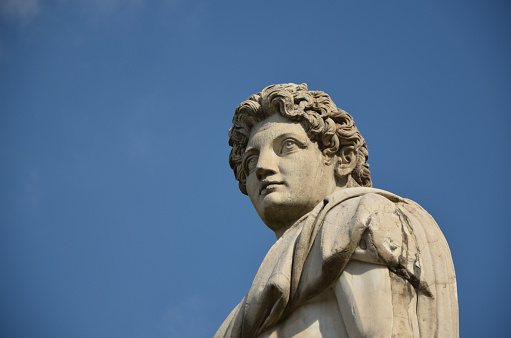 Rome, Italy, February, 14, 2019 - Close-up of the statue of Pollux in front of the Senatorio Palace in Piazza del Campidoglio in Rome