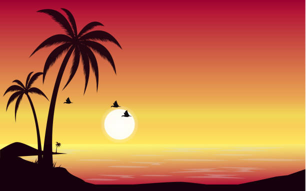 Beautiful Sunset Beach With Palm Trees And Hill Vector Stock Illustration -  Download Image Now - iStock