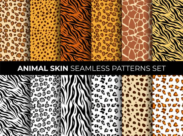 Vector illustration of Animal seamless pattern set. Mammals Fur. Collection of print skins. Predators. Cheetah, Giraffe, Tiger, Zebra, Leopard, dalmatian, cattle, Jaguar. Printable Background. Vector illustration.