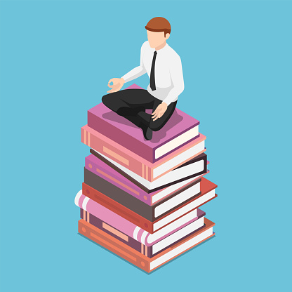 Flat 3d Isometric Businessman Doing Meditation in Lotus Pose on The Books Stack. Business Knowledge and Education Concept.