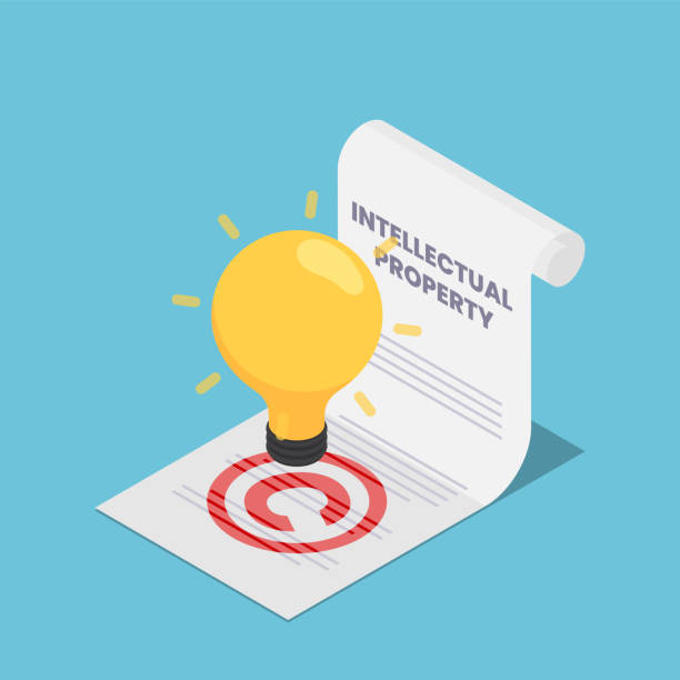 Isometric Light Bulb on Intellectual Property Document Flat 3d Isometric Light Bulb on Intellectual Property Document. Intellectual Property and Copyrights Concept trademark stock illustrations