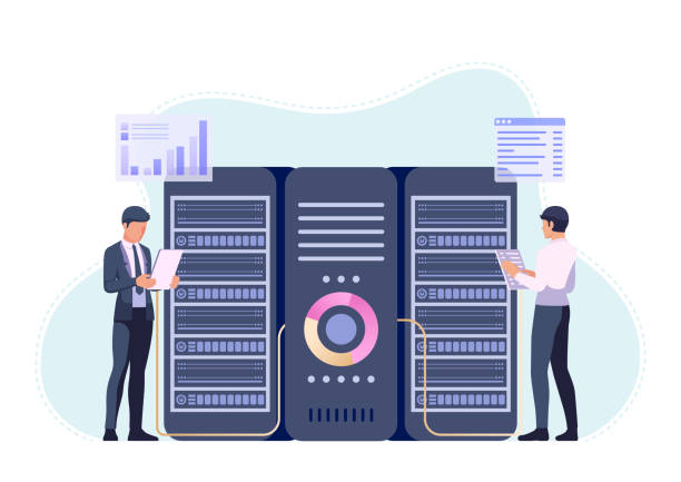 Businessmans or Engineer Working in Data Center Room Businessmans or Engineer Working in Data Center Room. Server Management and Database System Maintenance Concept. mainframe stock illustrations