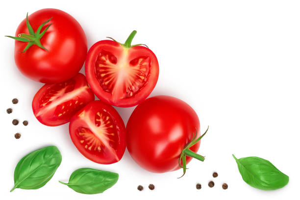 istock Tomato slices with basil leaf isolated on white background. Clipping path. Top view with copy space for your text. Flat lay 1301925682