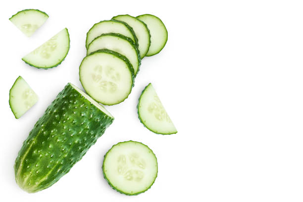 istock Sliced cucumber isolated on white background. Top view with copy space for your text. Flat lay 1301926830