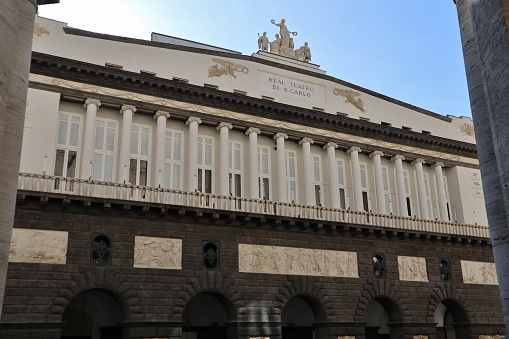 Naples, Campania, Italy - February 4, 2021: San Carlo Theater seen from the Galleria Umberto I