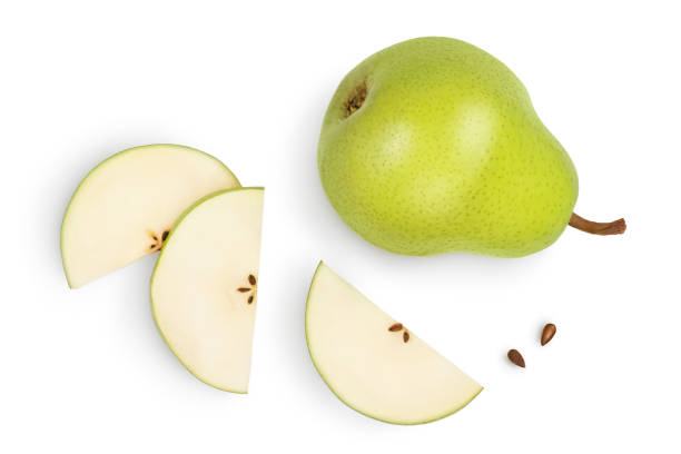 istock Green pear fruit with slices isolated on white background with clipping path. Top view. Flat lay 1301931138