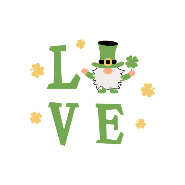 dersign Love with irish gnome and clover leaves. St Patrick's day concept. Great for first birthday, t-shirt design, invitation. Vector illustration. irish birthday blessing stock illustrations