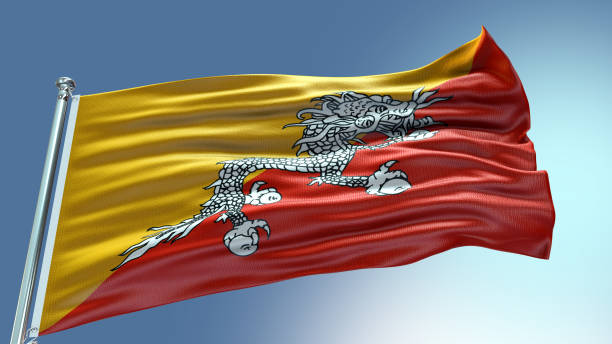 bhutan flagge schwenken flagge mit textur hintergrund - bhutanese flag stock-fotos und bilder