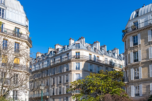 Paris, typical facade and windows, beautiful building, with old zinc roofs