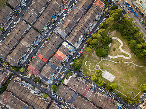 drone point of view of residential buildings in kepong, kuala lumpur , Malaysia directly above public park