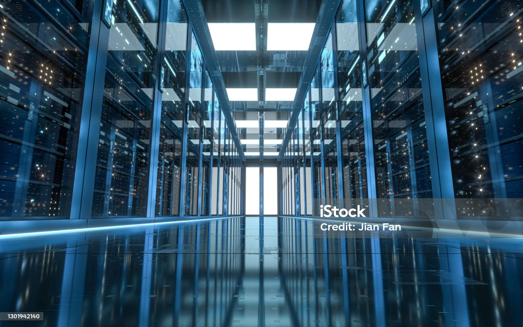 Server-Racks im Rechenzentrum des Computernetzwerksicherheitsservers, 3D-Rendering. - Lizenzfrei Rechenzentrum Stock-Foto