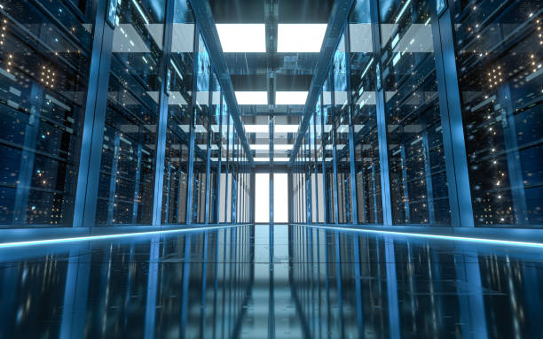 rack di server nel data center della sala server di sicurezza di rete del computer, rendering 3d. - server di rete foto e immagini stock