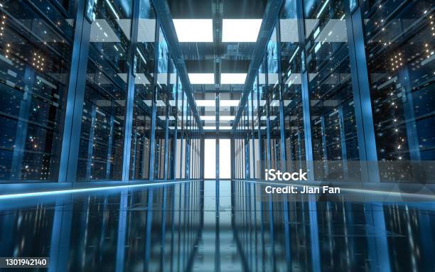 Server Racks In Computer Network Security Server Room Data Center 3d Rendering Stock Photo - Download Image Now