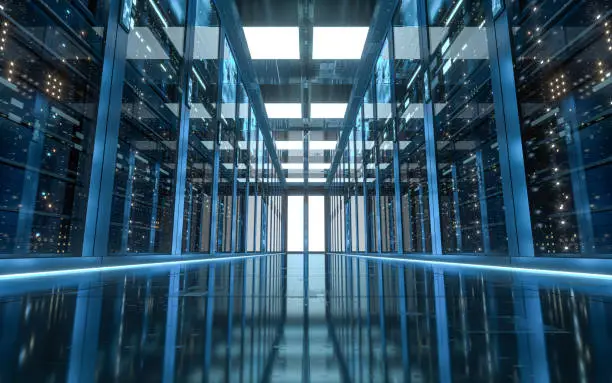 Photo of Server racks in computer network security server room data center, 3d rendering.