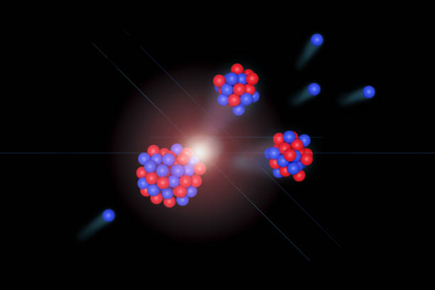 Nuclear fission. Neutron hitting an atomic nucleus, causing it to divide into two new nuclei and ejecting neutrons. 3d illustration. Neutron hitting an atomic nucleus, causing it to divide into two new nuclei and ejecting neutrons. 3d illustration. nuclear fusion atoms stock pictures, royalty-free photos & images