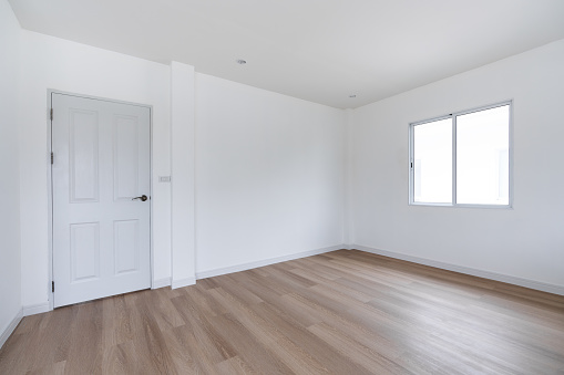 Home interior, empty room. White wall and ceiling with wood floor
