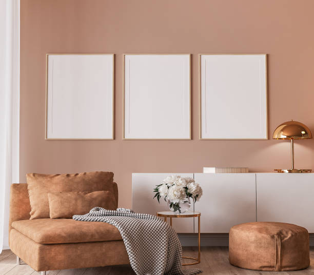 istock Elegant interior design, modern living room with frame mockup on orange color background 1301945992