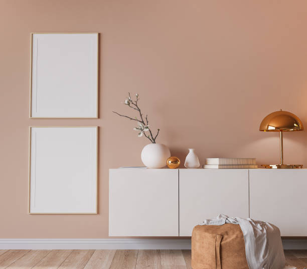 istock Elegant interior design, modern living room with frame mockup on orange color background 1301946062