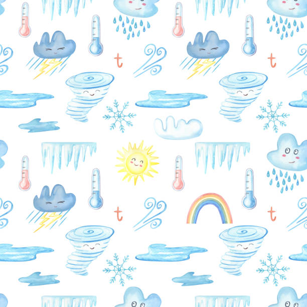 ilustraciones, imágenes clip art, dibujos animados e iconos de stock de patrón de acuarela sin costuras sobre el clima. signos de la naturaleza lindos en un sol de fondo blanco, arco iris, nube, lluvia, tormenta, relámpago, - seamless pattern meteorology snowflake